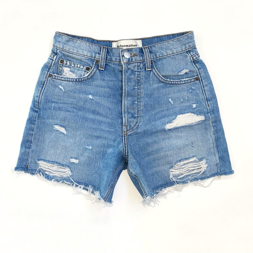 REFORMATION LOLA HIGH RISE WAISTED DISTRESSED frayed hem ARCHES BLUE JEAN SHORTS